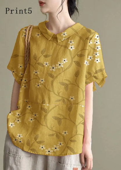 Simple Print4 Peter Pan Collar Patchwork Summer Linen Blouses
