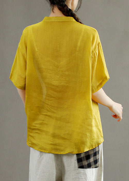 Yellow V Neck Asymmetrical Print Blouse Tops Short Sleeve