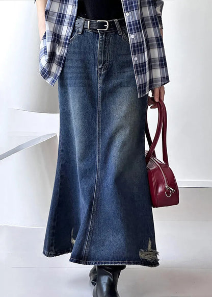 French Blue Hole High Waist Denim Maxi Skirts Fall