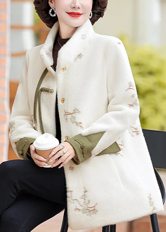 Green Pockets Print Mink Velvet Coats Long Sleeve