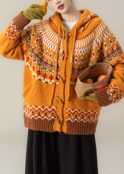 Stylish Orange Jacquard Hooded Knit Coat and Wide Leg Pants Two Pieces Set Fall