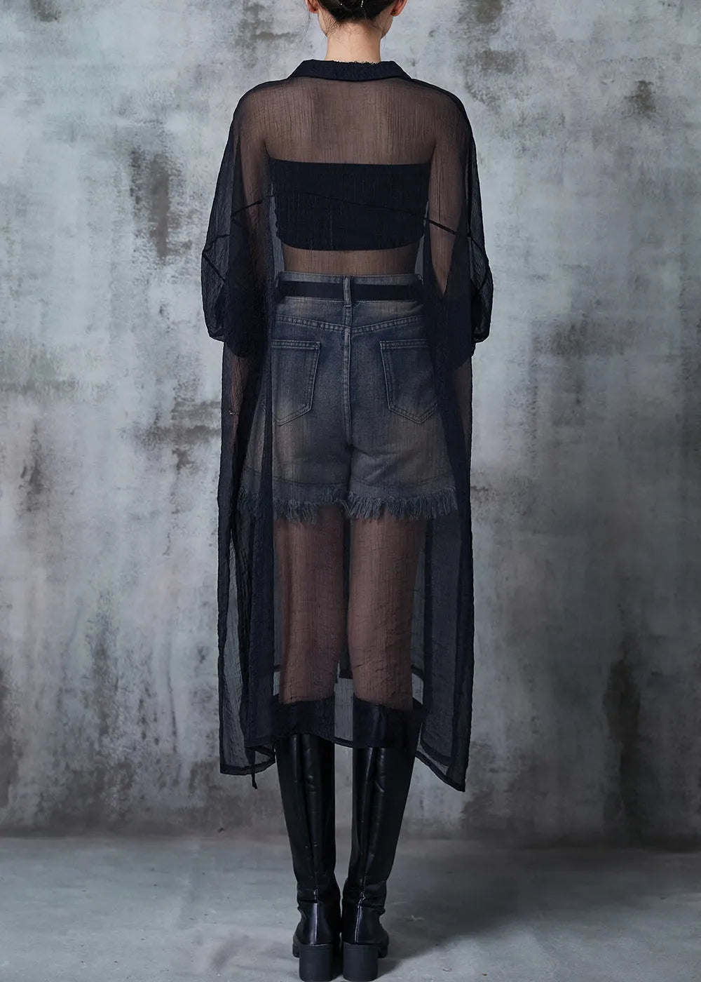 Black Oversized Hollow Out Tulle Long Cardigan Summer