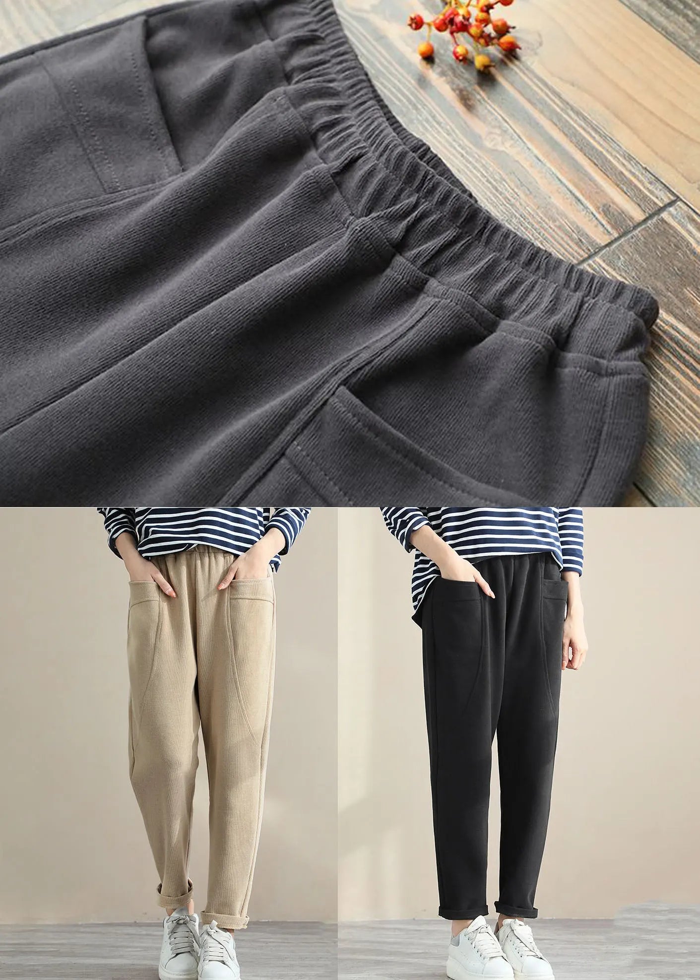 Grey High Waist Pockets Cotton Crop Pants Spring