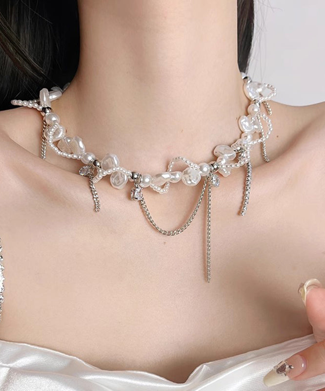 White Copper Zircon Pearl Chain Lariat Necklace