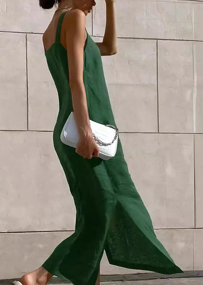 Simple Green Side Open Cotton Spaghetti Strap Dress Summer