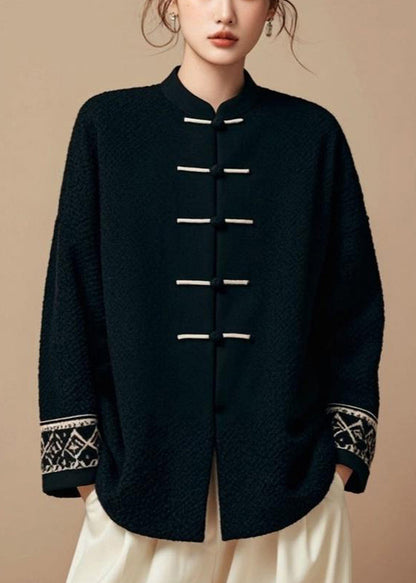 Loose Black Stand Collar Button Cotton Fall Coat