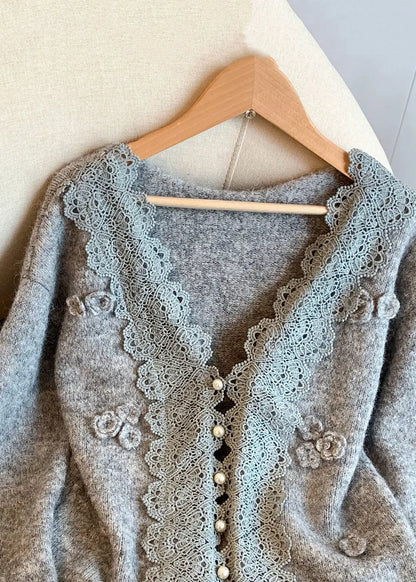 Art Grey V Neck Lace Patchwork Knit Coats Winter