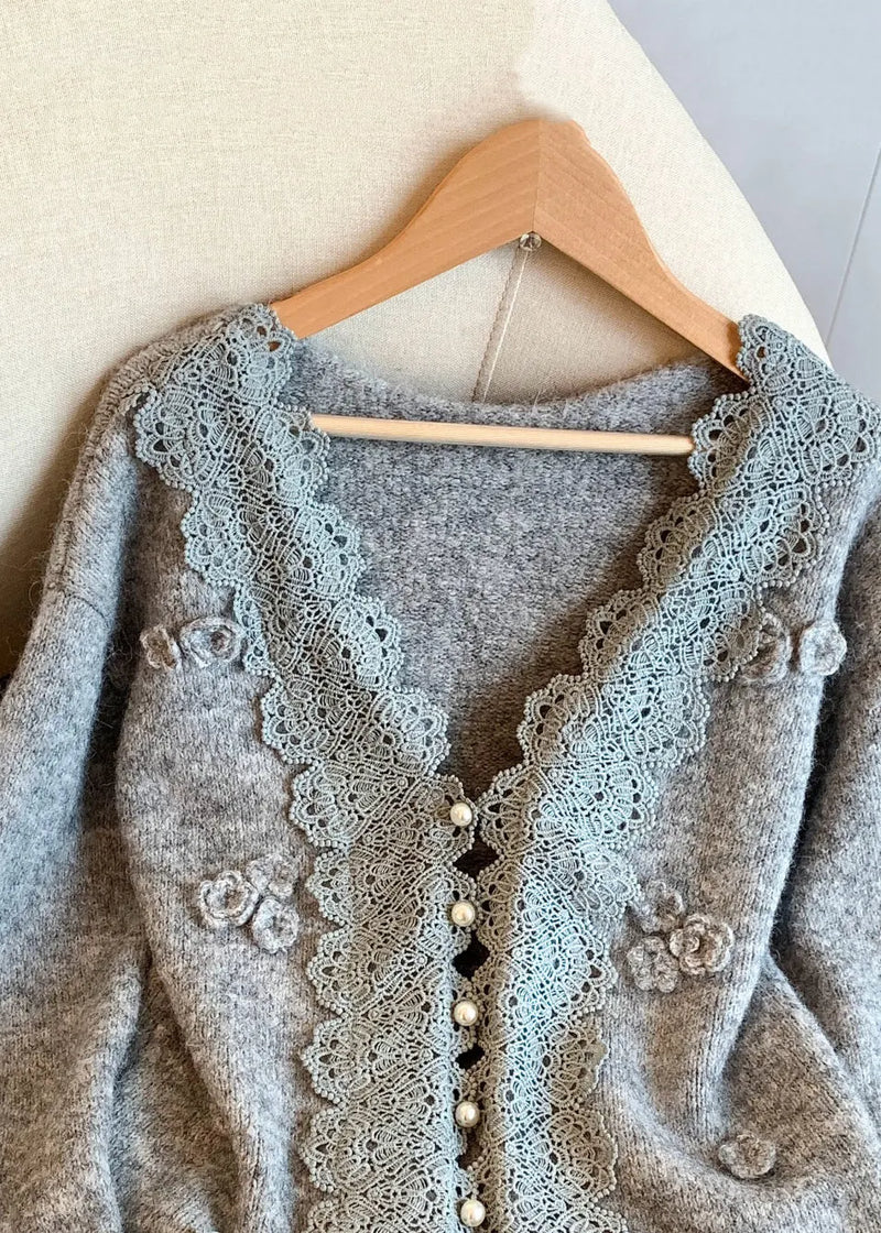 Art Grey V Neck Lace Patchwork Knit Coats Winter
