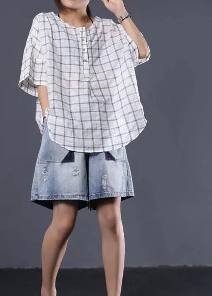 White Plaid Linen Tunic Cotton O Neck Summer Shirt