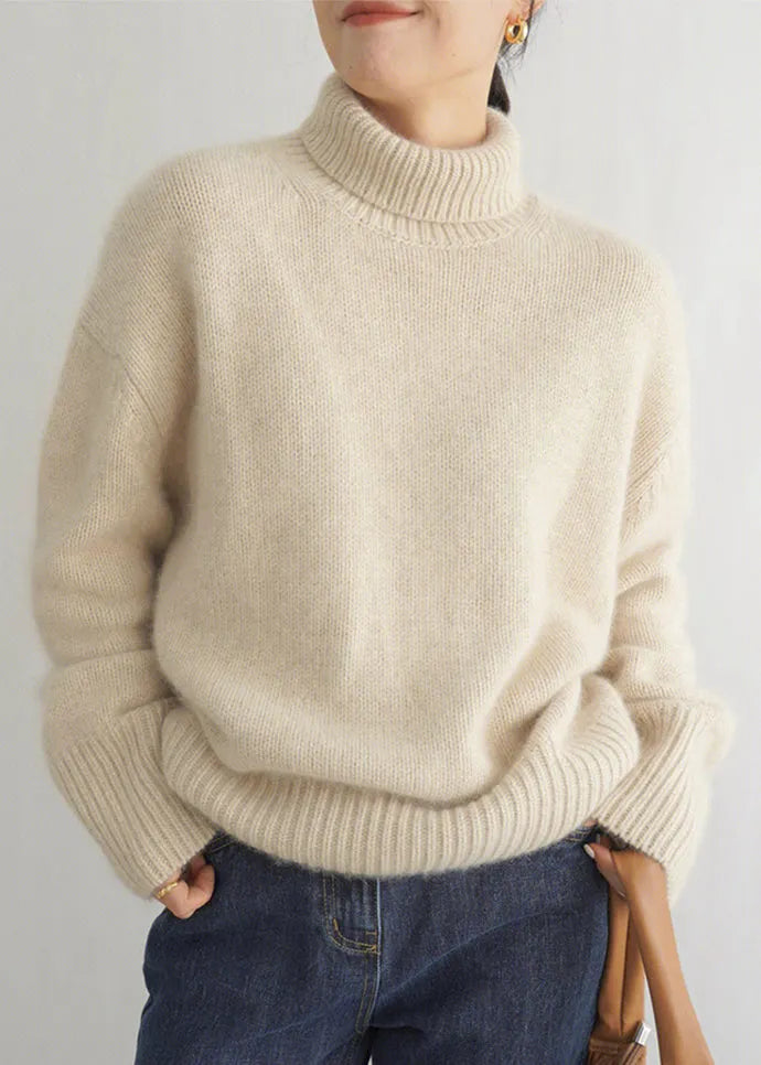 Beige Turtleneck Knit Sweater Winter