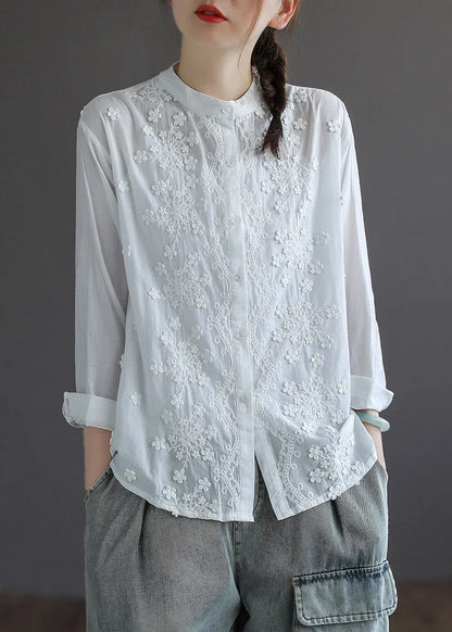 White Stand Collar Embroidered Button Cotton Shirt Long Sleeve