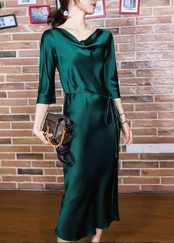 Blackish Green Slash Neck Tie Waist Silk Long Dresses Half Sleeve