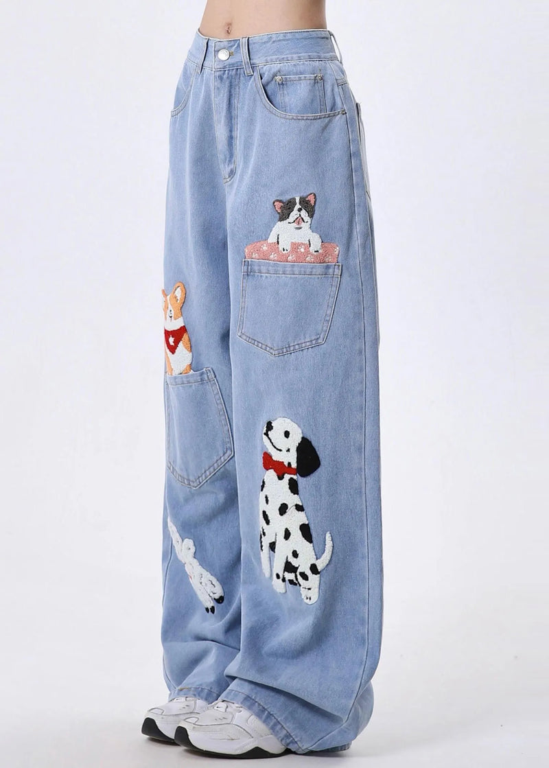 Diy Blue Animal Embroidered Denim Straight Pants Spring