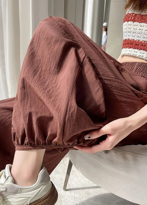Brick Red Pockets Cotton Summer Crop Pants Elastic Waist