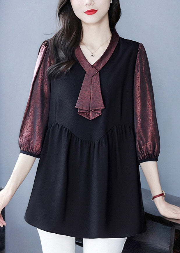 Dull Red Heart Neck Patchwork Fake Two Piece Shirt Bracelet Sleeve