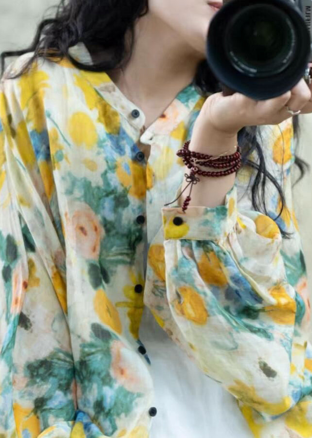 Yellow Print Button Linen Loose Shirts Lantern Sleeve