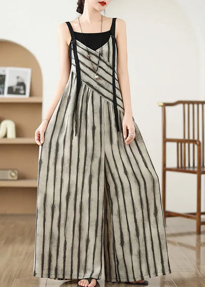 Khaki Striped Jumpsuit Wide Leg Pants Summer