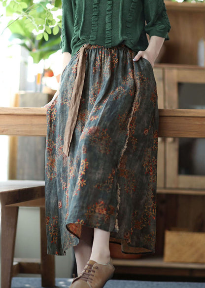 Blackish Green Wrinkled Pockets Patchwork Linen Skirts Summer