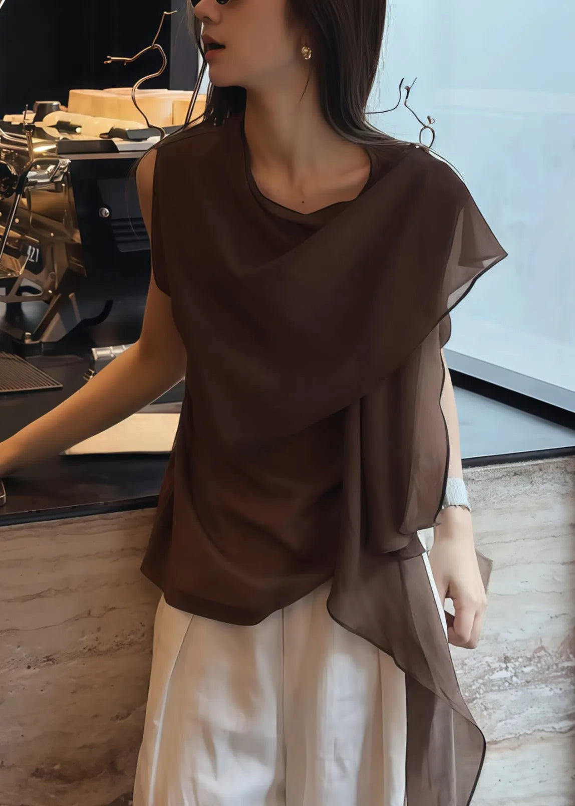 Brown Asymmetrical Chiffon Tank Tops Summer