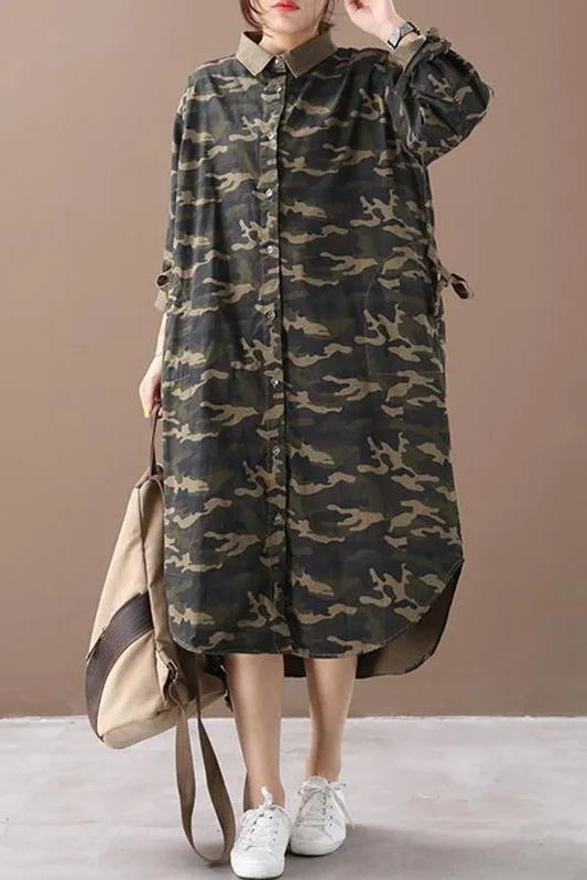 Limited Stock- Camouflage Polo Collar Cotton Shirt Dress