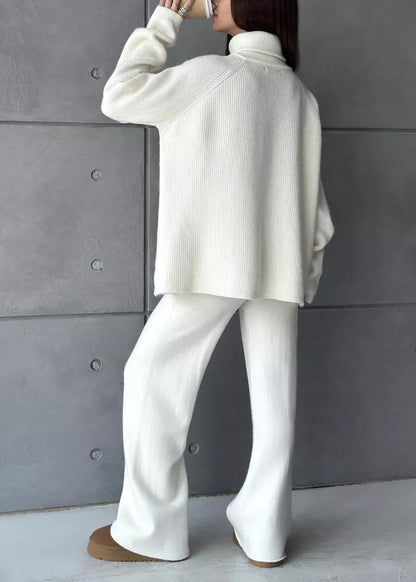 Stylish White High Neck Zip Up Knit Two Pieces Set Winter