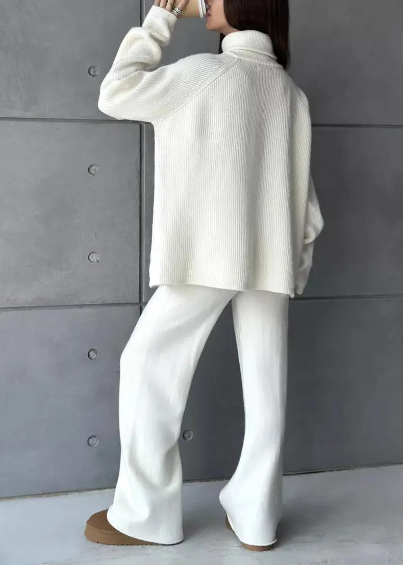 Stylish White High Neck Zip Up Knit Two Pieces Set Winter