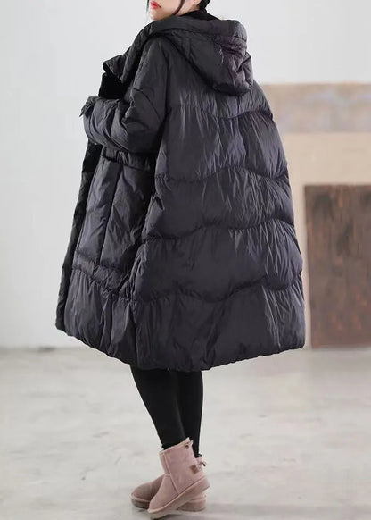 Black Hooded Pockets Patchwork Duck Down Coat Winter