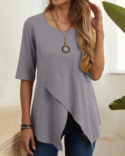 Irregular Round Neck Mid-sleeve Linen Top