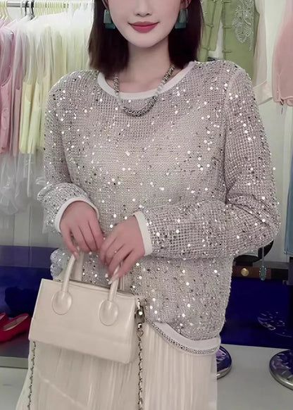 O-neck Sequins Hollow Out Knit Top Fall