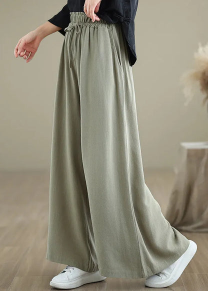 Light Green Pockets Elastic Waist Cotton Pants Fall
