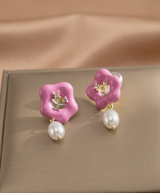 Pink Alloy Pearl Drip Glaze Drop Earrings