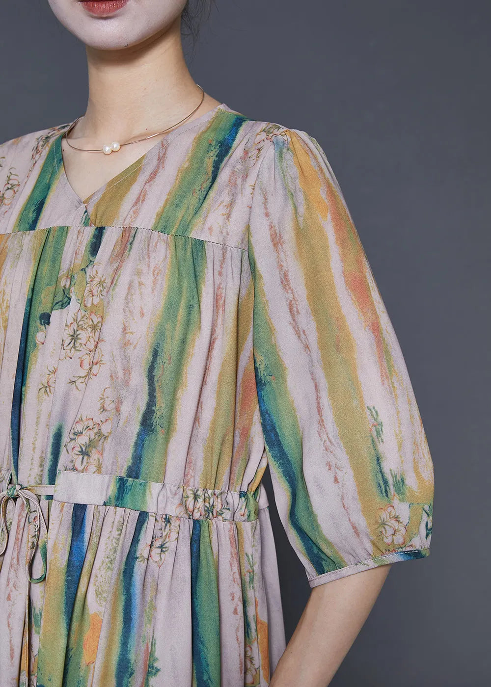 Khaki Cinched Print Silk Dress Summer