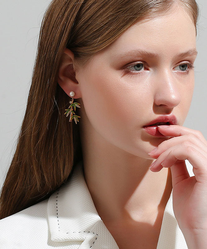 Green Overgild Zircon Pearl Bamboo Drop Earrings