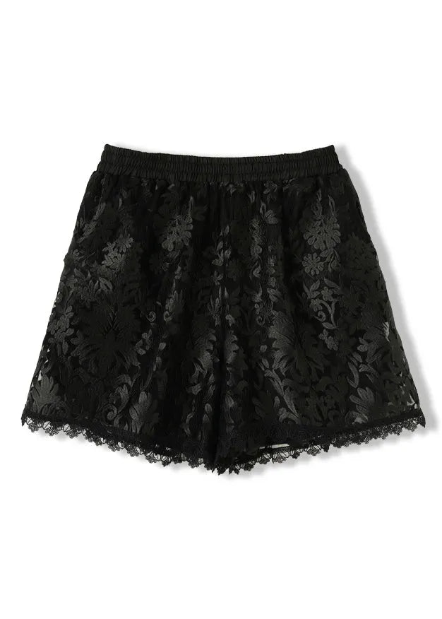Black Embroidered Pockets Elastic Waist Lace Shorts Summer
