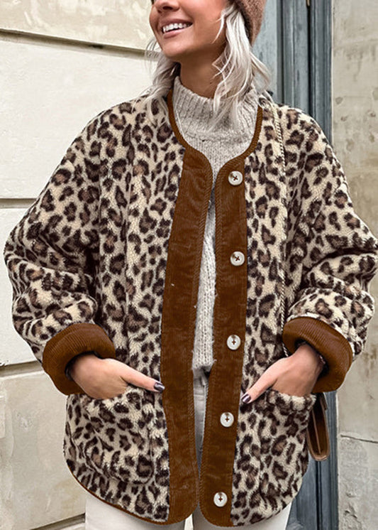 Stylish Leopard O Neck Pockets Fleece Wool Lined Jacket Fall