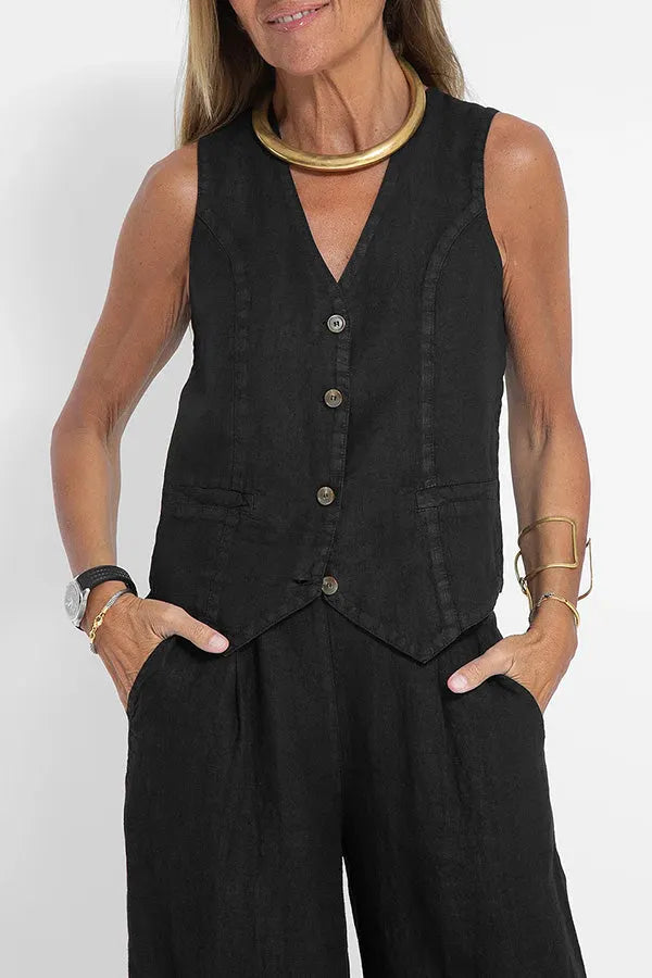 Eddie Linen Blend Button Vest and Elastic Waist Pocketed Wide Leg Pants Set