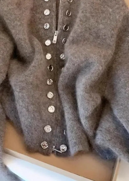 Grey High Neck Zip Up Woolen Knit Cardigans Spring