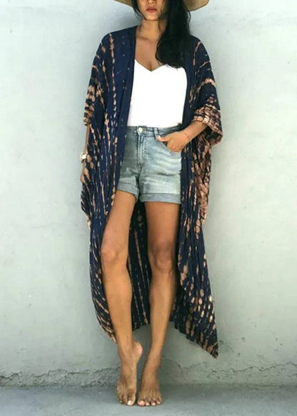 Blue Print Low High Design Kimono Robe Cotton Long Loose Cardigans