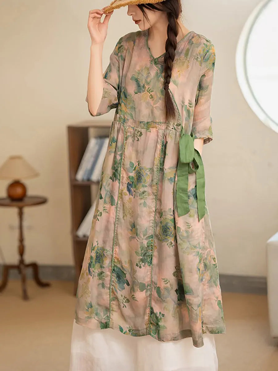 Summer Flower Strap V-neck Ramie Dress
