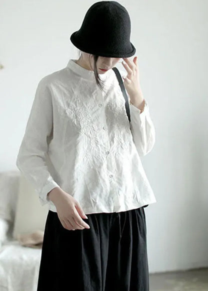 White Stand Collar Button Embroidered Shirt Top Long Sleeve