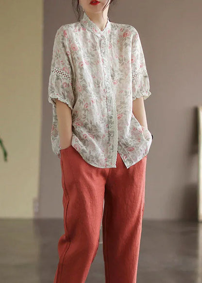 Apricot Print Linen Blouse Top Button Half Sleeve