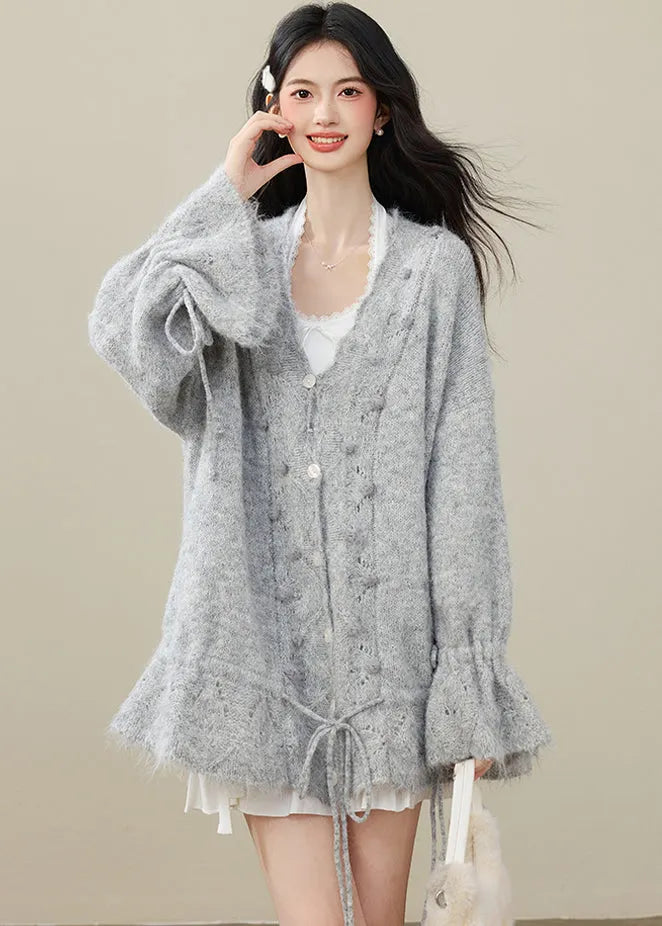 Grey Fuzzy Ball Decorated Drawstring Knit Cardigan Spring
