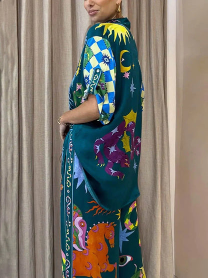 Loose Elastic Waist Unique Print Pocketed Wide Leg Pants Set