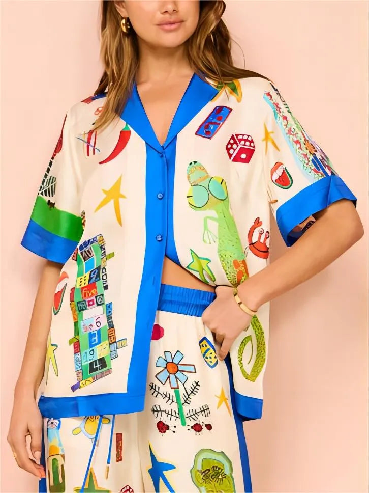 Color Block Personalized Printed Vacation Loose Shirt
