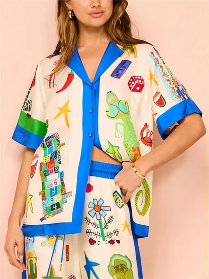 Color Block Personalized Printed Vacation Loose Shirt