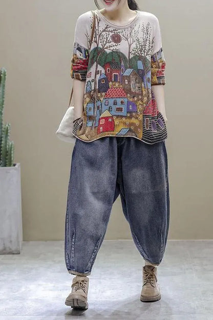 Split Hem Printed Half Sleeve Knitted T-shirt
