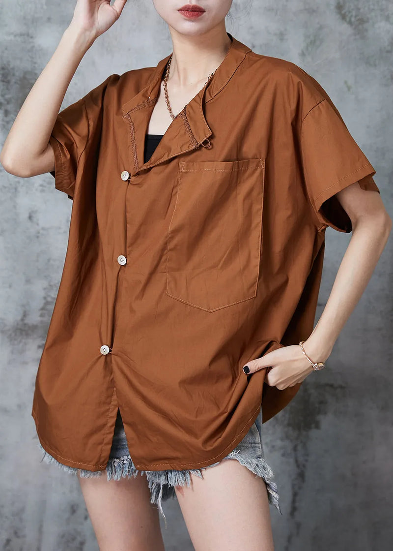 Unique Caramel Asymmetrical Oversized Cotton Shirt Tops Summer