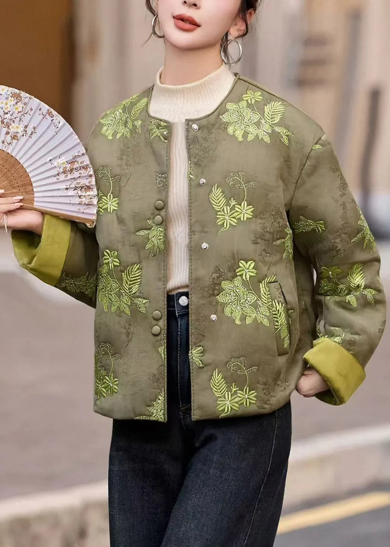 New Green O Neck Embroidered Fine Cotton Filled Jackets Winter