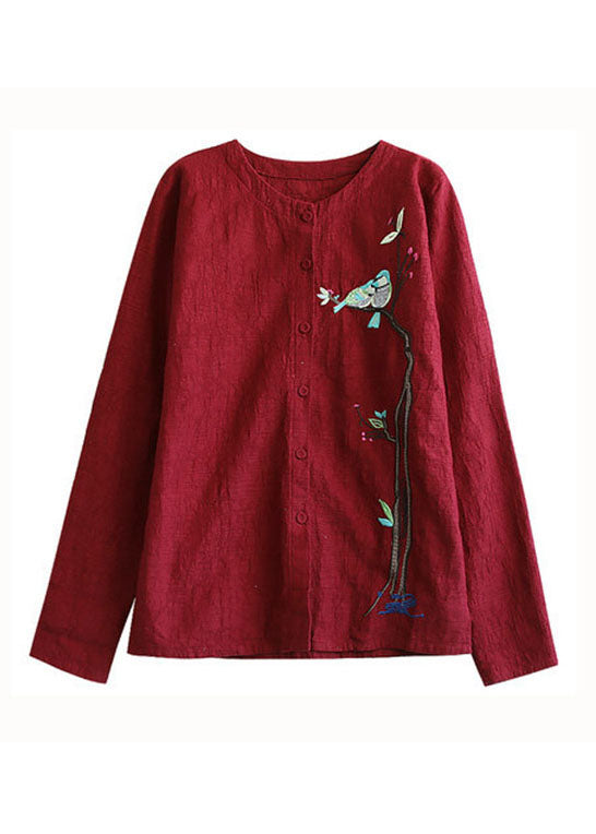 Red Embroidered Patchwork Cotton Cardigans Coats Spring