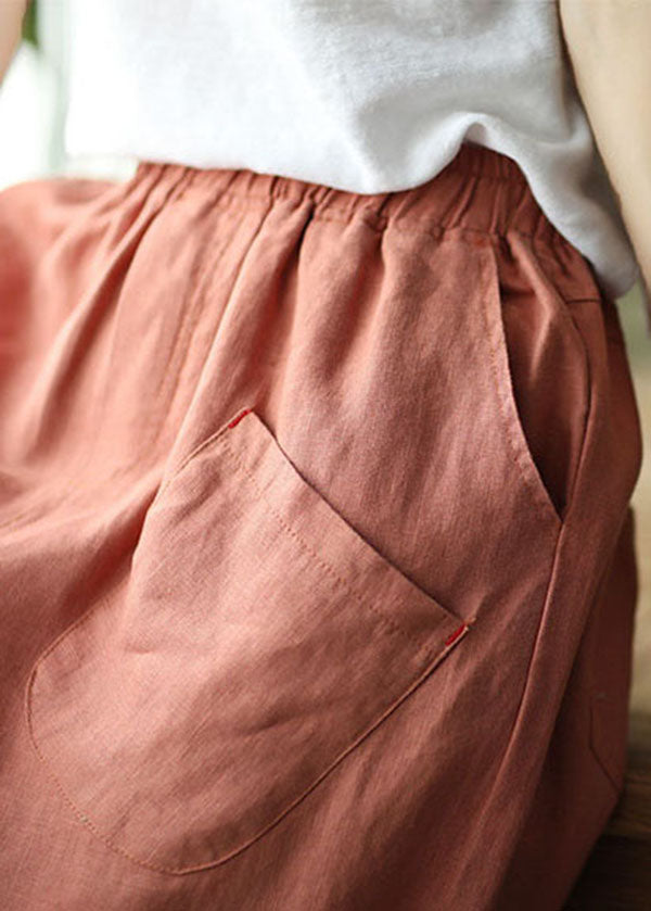 Pink Elastic Waist Pockets Linen Crop Pants Summer